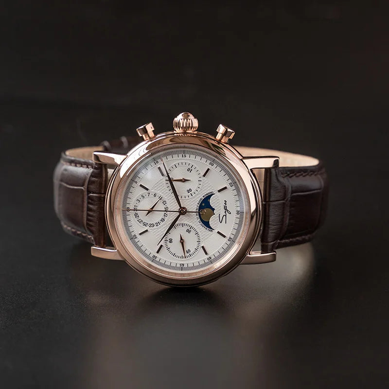 Original Movement ST1908 Sugess Men Mechanical Calendar Watch Chronograph Vintage Moonphase Wristwatch Waterproof