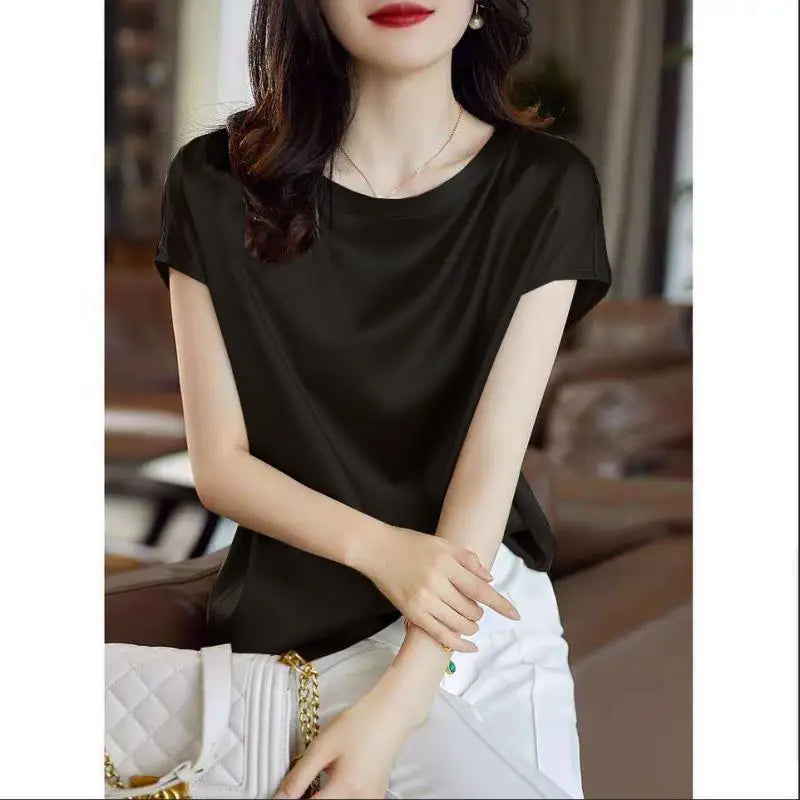 Silk Thin Short Sleeve Tees Korean Style Slip Woman Summer Clothes Elegant Black Brown Tops Solid Loose Casual 4XL