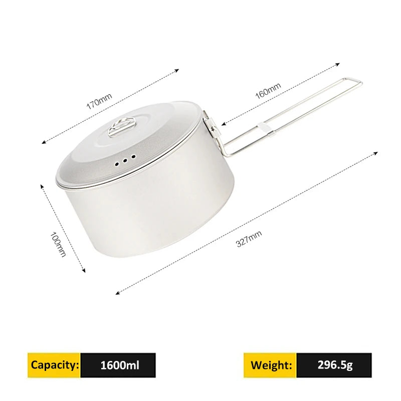 Ultralight Titanium Pot Frying Pan Big Capacity Multipurpose Cookware Set with Folding Handle Outdoor Camping Picnic Tableware