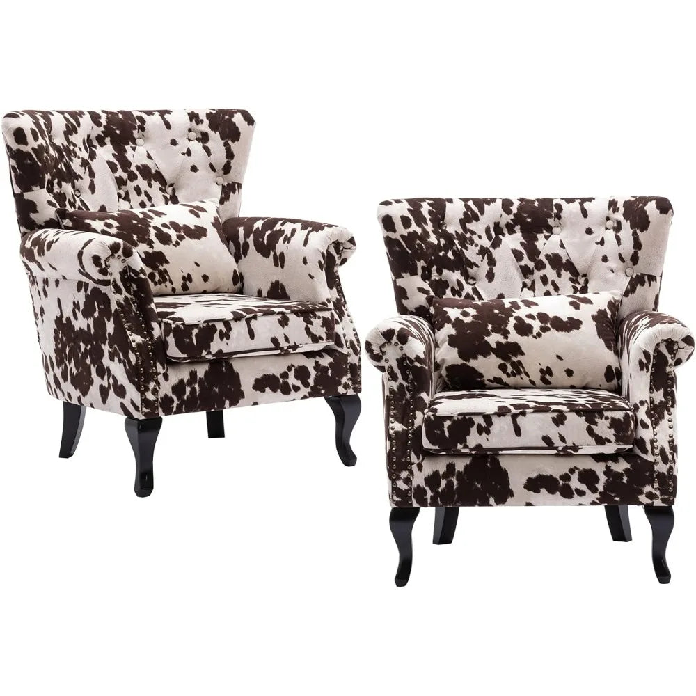 Mid-century Modern Accent Chairs Set of 2, Comfy Tufted Single Sofa Chair Wingback Armchair with Pillow for Living Room, Bedroom
