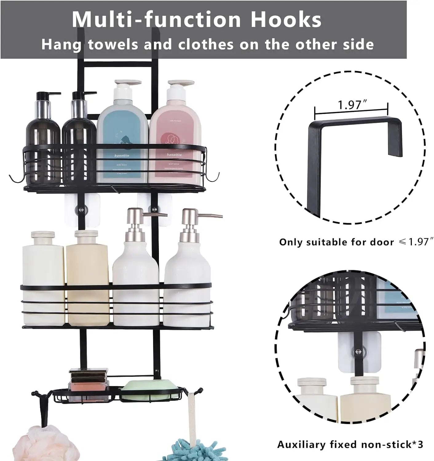 Bathroom hanging shower rack, shower storage rack with 4 hooks, rust proof and waterproof shower storage rack