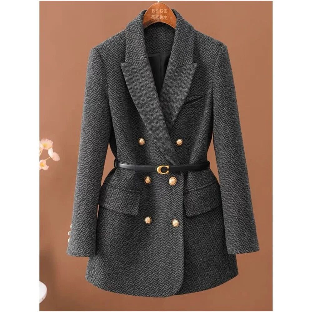 Comes With Belt A Vintage Wool Jacket For Women Autumn And Winter 2024 New Popular Seasonal Green Temperament Top Female Blazer