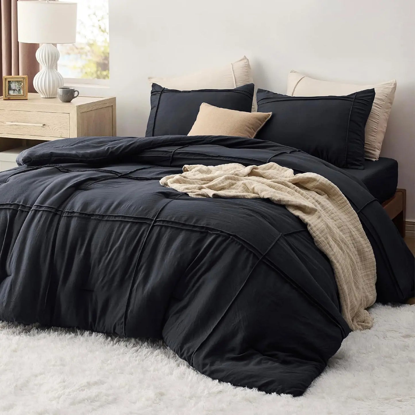 Bedsure Comforter Set - 4 Pieces Soft Black Bedding Sets, Grid Pinch Pleat, All Season Lightweight Fluffy Bed Set(No flat sheet)