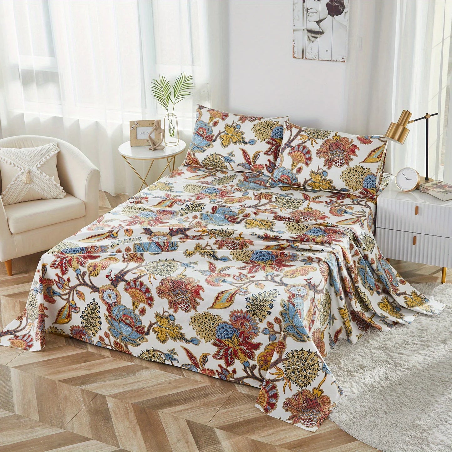 4pcs 600 TC Egyptian Cotton Fitted Sheet Set (Without Core), Boho Damask Floral Bedding Set, Soft Breathable And Skin-friendly