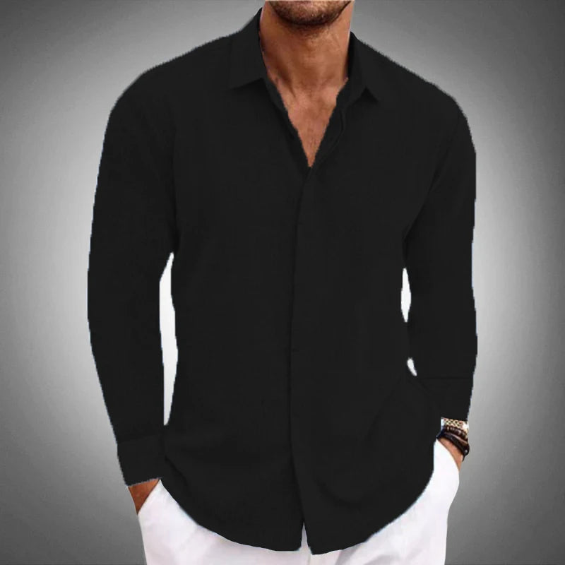2024 New Men's casual Long sleeve shirt solid color lapel hidden button fashion comfortable high street top