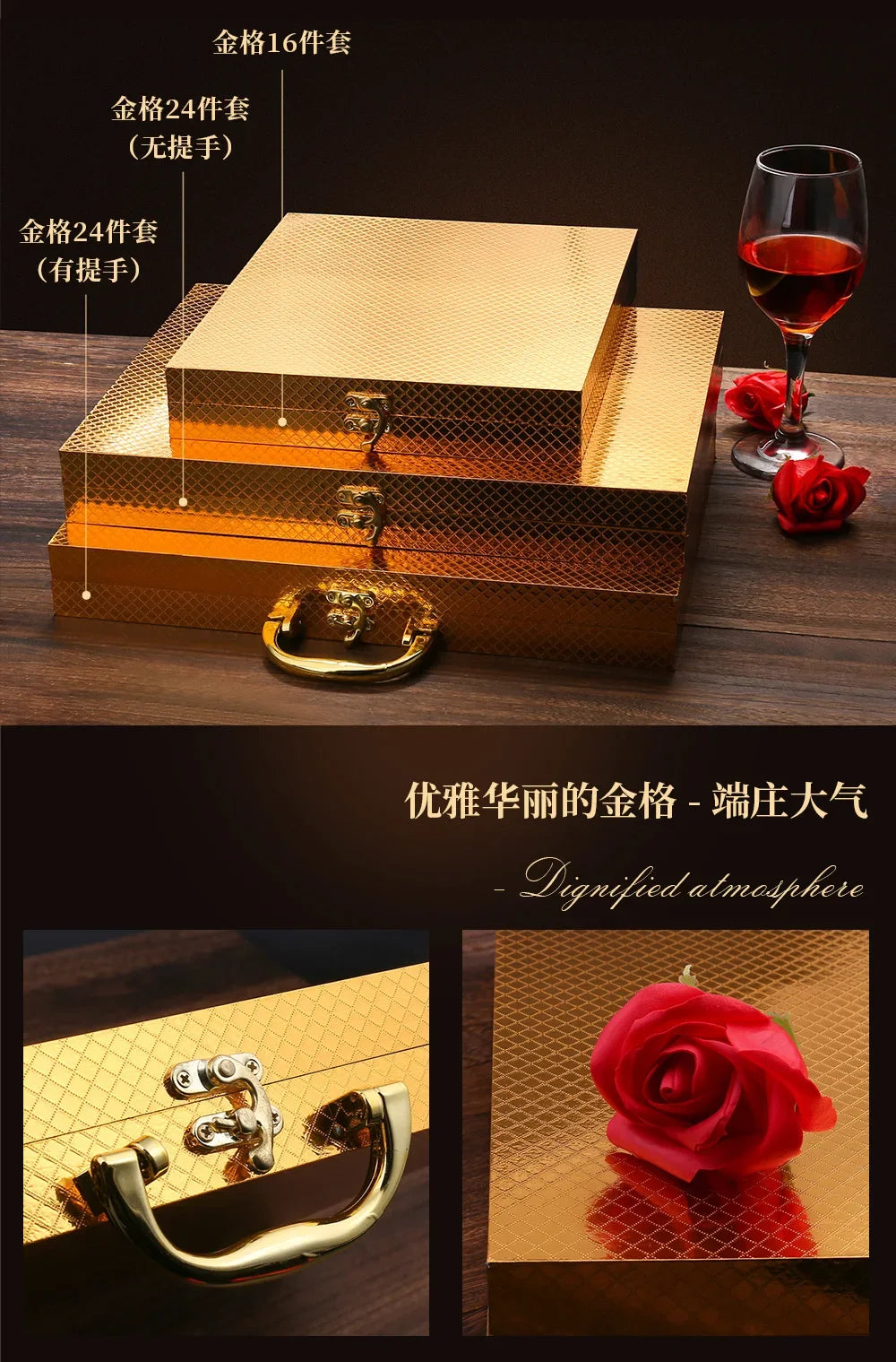 Factory Directly Gold Cutlery Set Wedding Banquet Feast 24PCS Stainless Steel Gold Plated Flatware Set with Wooden Box