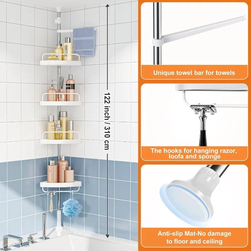 Corner Shower Shelf Tension Rod: Rust-Proof 4-Tier Shampoo Storage Organizer for Indoor Shower - Telescopic Rod Shower Rack