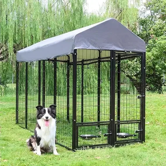 Dog Kennel Outdoor with Roof and Rotating Bowl Holders, Large Metal Dog Enclosure, Heavy Duty Dog House Built