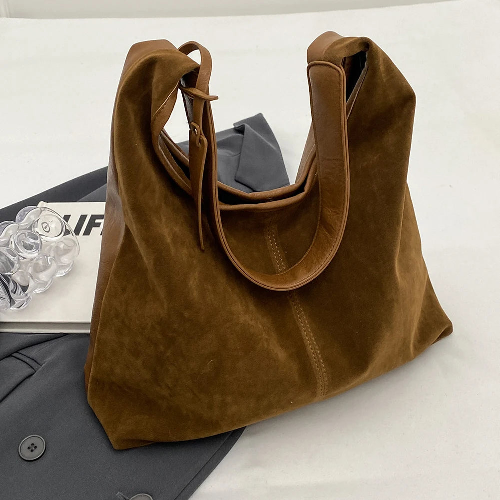 Women Suede Shoulder Bag Magnetic Closure Hobo Bag Suede Slouchy Tote Bag Large Capacity Purse Retro Handbag for Work Travel