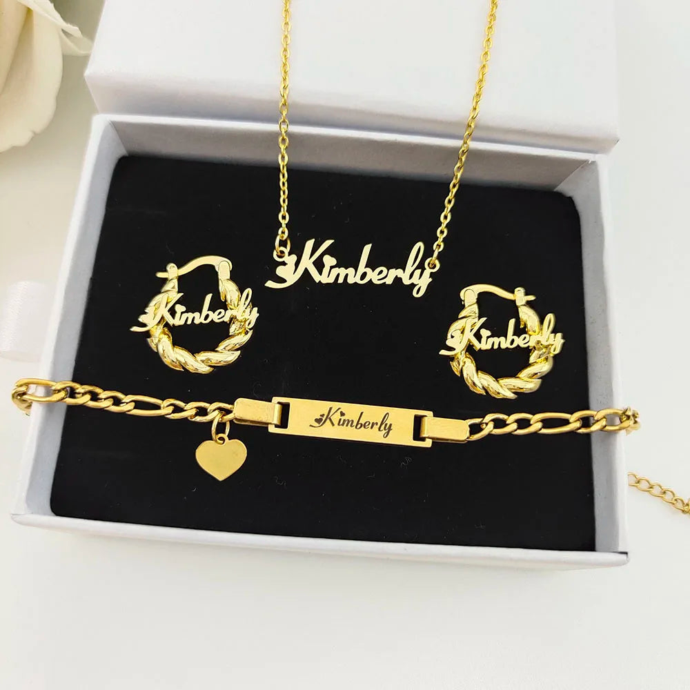 DODOAI Custom Name Jewelry Sets Stainless Steel Letter Jewelry Nameplate Necklace/Bracelet/Earring with Twisted Hoop 3 Piece Set