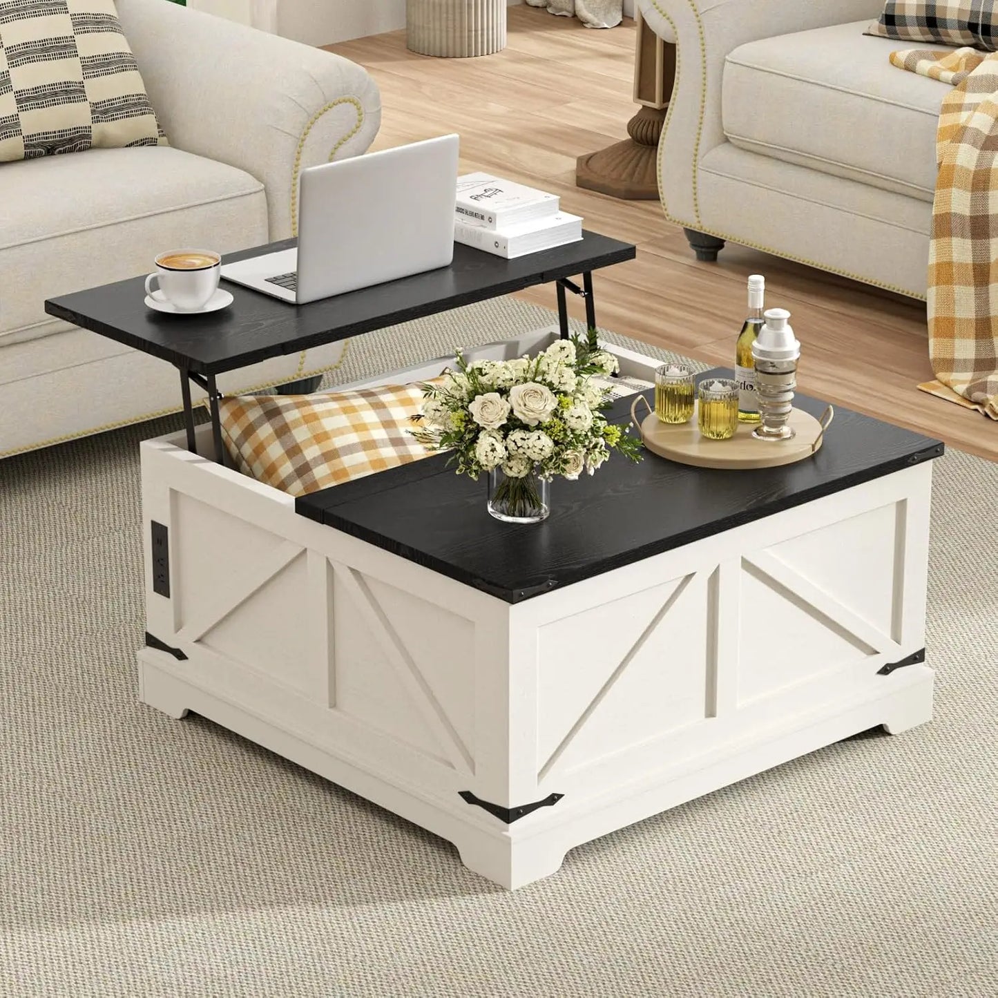 Farmhouse Lift Top Coffee Table with Storage, Wood Square Center Table with Charging Station, Rustic Cocktail Tables with Flip