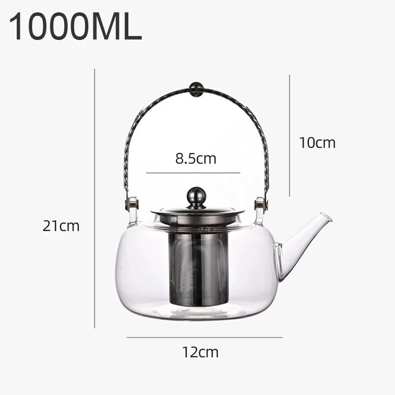 1.2L Gray Glass Teapot with Infuser Heat Resistant Flower Tea Kettle Transparent Tea Pot Portable Handle Pot Office Home Tea Set