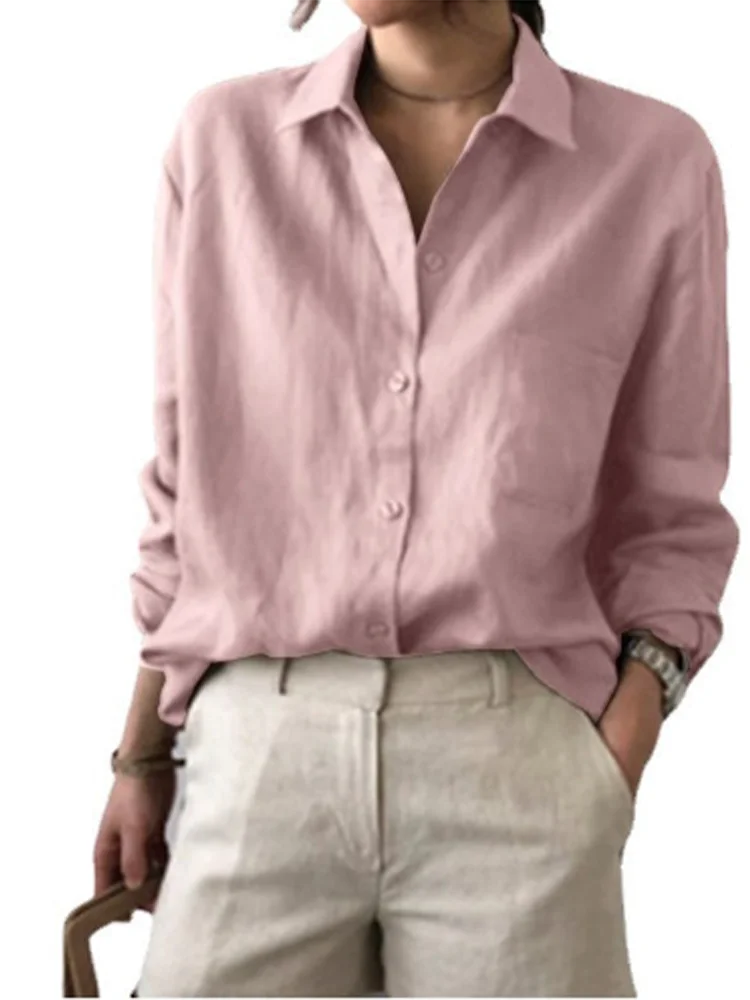 Classic Solid Color Shirt Women's Button Long Sleeve V Neck Blouse Elegant Spring Autumn Top