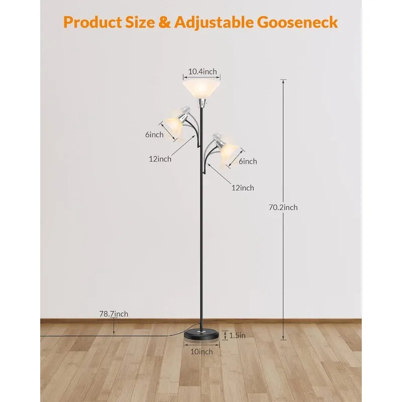 Floor Lamp, Standing Lamp with Replaceable 3000K Energy-Saving LED Bulbs,9W Lamp for Living Room with Adjustable Reading Lights