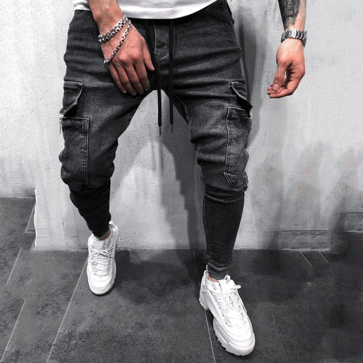 Summer Mens Fashion Pants Casual Pocket Waist Solid Color Slim Toe Jeans Pants With Drawstring Jeans For Male CalçA Masculina