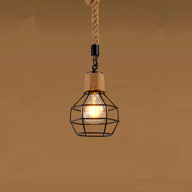 Vintage Iron Hemp Rope Iron Frame Single Head Pendant Lights Dining Room Hot Pot Restaurant Retro Industrial Style Pendant Lamp