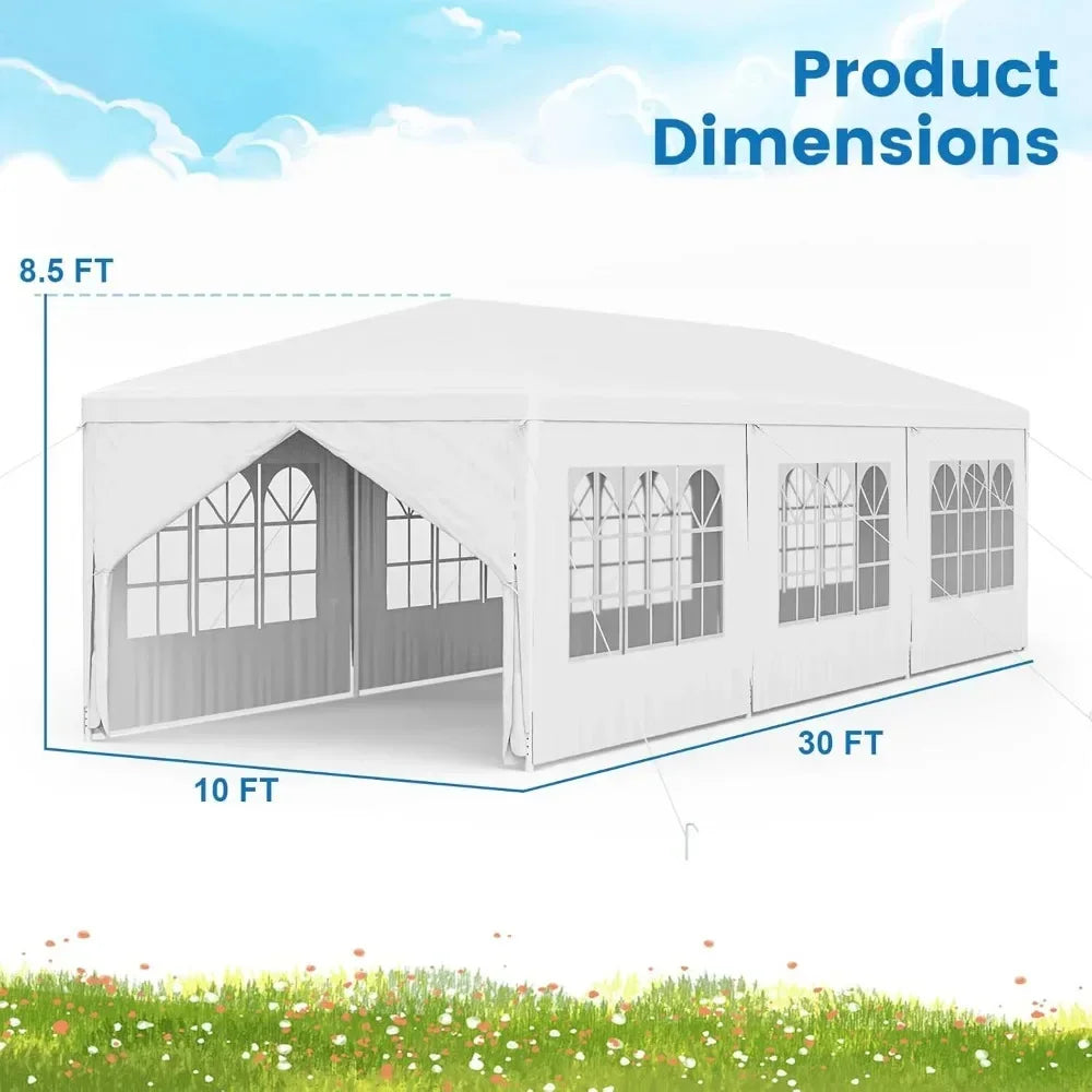 10x30 Ft Heavy Duty Party Awning, Large White Event Tent with 6 Sidewalls & 2 Zippered Door,for Patio, Backyard,Parties