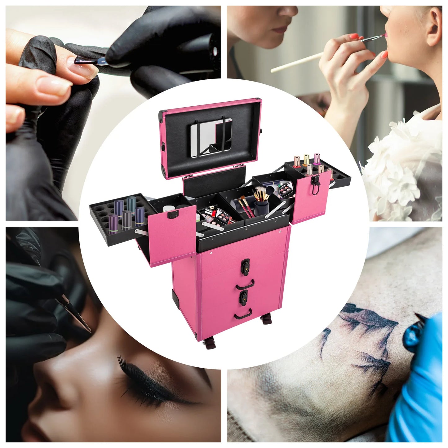 4 in 1 Portable Rolling Makeups Train Case,Salon Cosmetic Storage Organizer w/Mirror,Travel Trolley Organizer Box