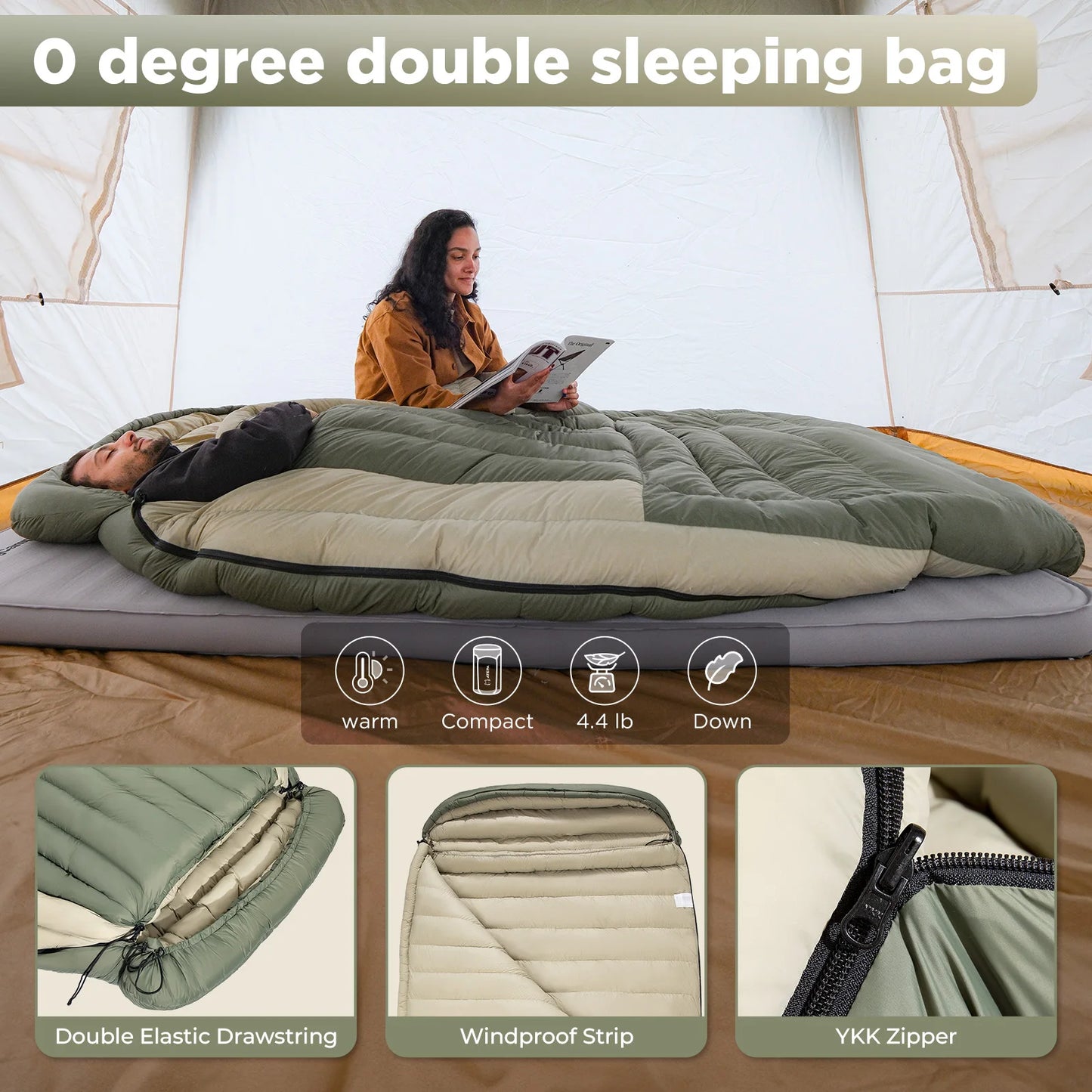 ATEPA Double down sleeping bag, backpack couple family camping, high quality white duck down 90%, warm and widened