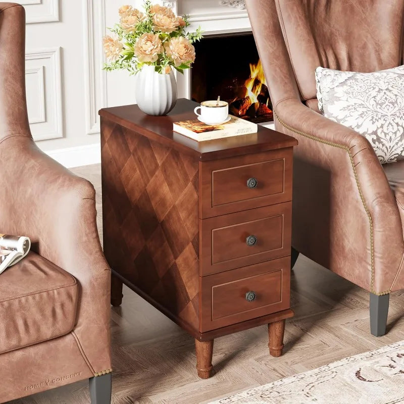 Fully Assembled End Table, Set of 2 Narrow Side Table with 3 Drawers
