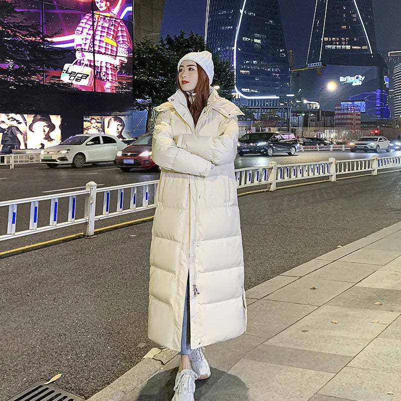 X-long Lengthened Thicken Warm Duck Down Hoodie Overcoat Women Plus Size Snowwear Ankle Length Waterproof Winter Coat Hooded