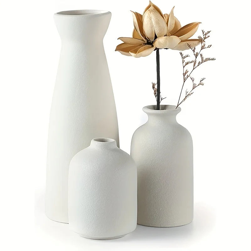 Distressed Ceramic Vase Set of 3, Modern Bohemian Farmhouse Home Decor, Pampas Grass Dried Flowers Vases for Living Room, Dining