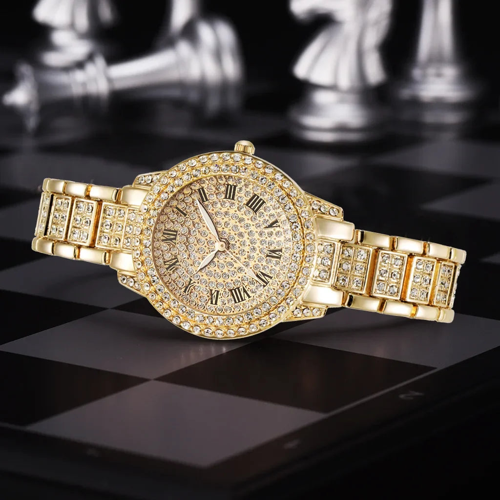 Fashion Women Wristwatches Relojes Para Mujer Luxury Classic Golden Watch Women Alloy Strap Round Rhinestone Dail Quartz Watches