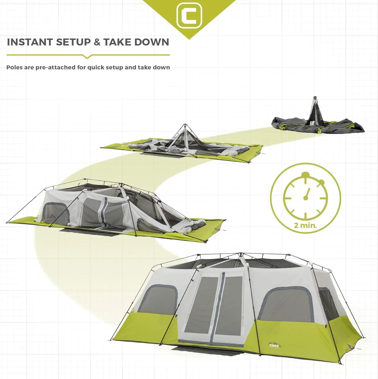 12 Person Instant Cabin Tent | 3 Room Huge Tent for Family with Storage Pockets for Camping Accessories