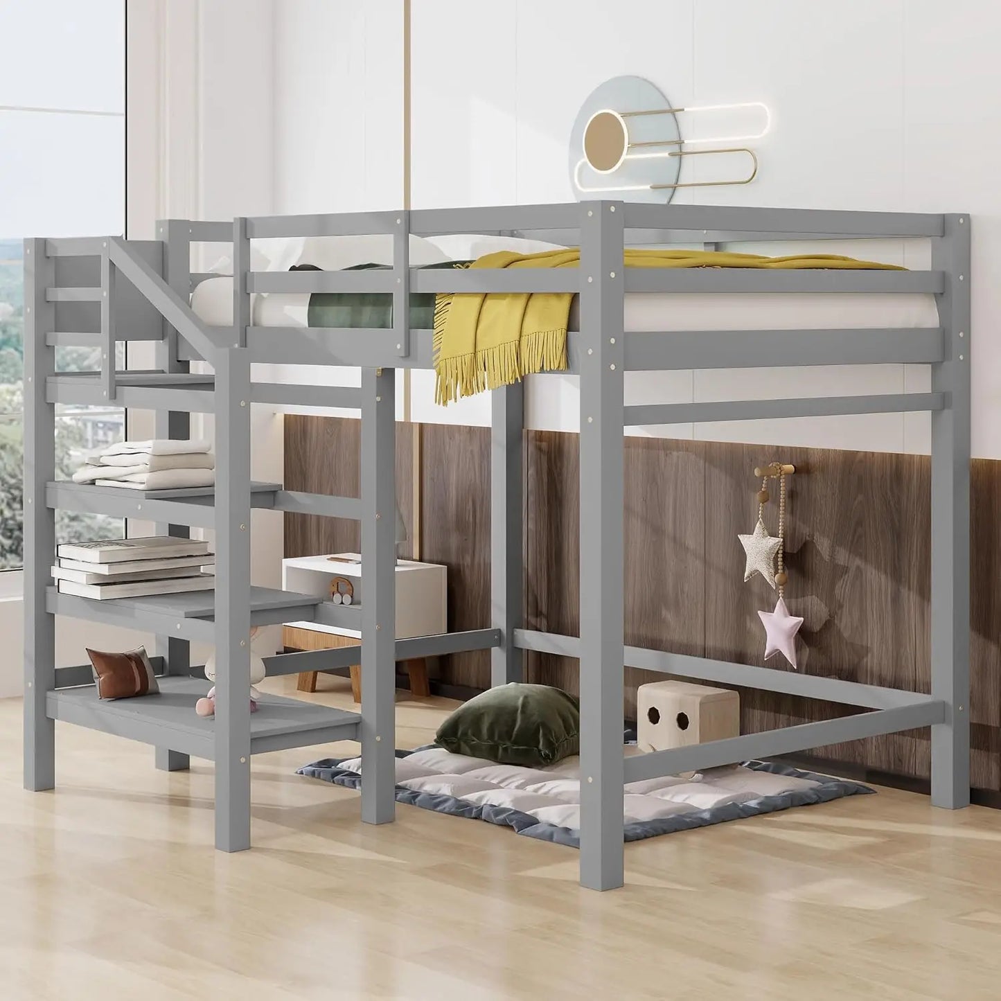 Loft Bed,Full Size Loft Bed with Storage Staircase and Hanger for Clothes, High Loft Bed Frame for Kids Teens Girls Boys Bedroom