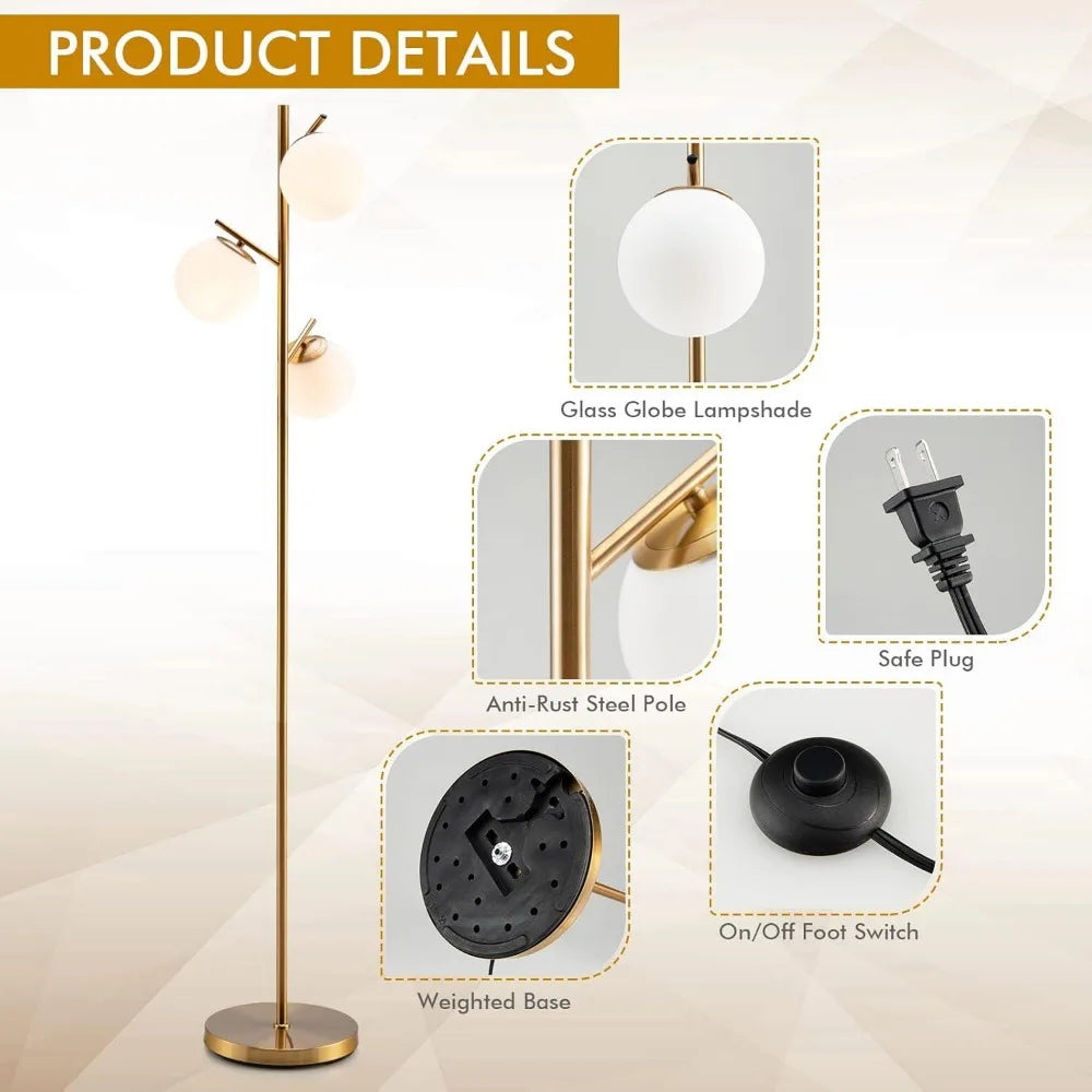 3-Globe Floor Lamp, Modern Freestanding Lamp w/Foot Switch & 3 E26 Bulb Bases, Sturdy Steel Pole