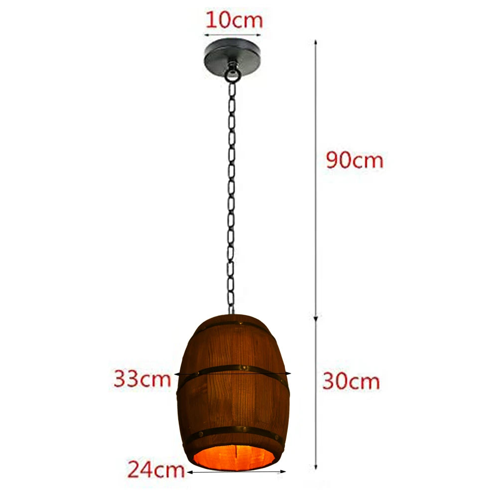 E26 Rustic Ceiling Lamp Vintage Wood Wine Barrel Pendant Lamp for Bars, Cafes and Living with a 90cm Adjustable Chain