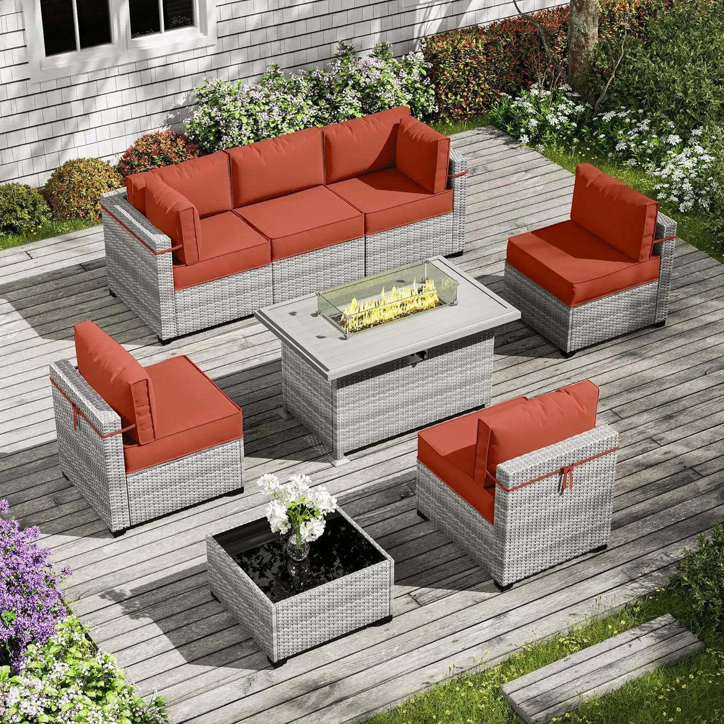 8-Piece Patio Furniture Set With Fire Pit Table, Seat Cushions Light Grey Outdoor Modular Wicker Conversation Set