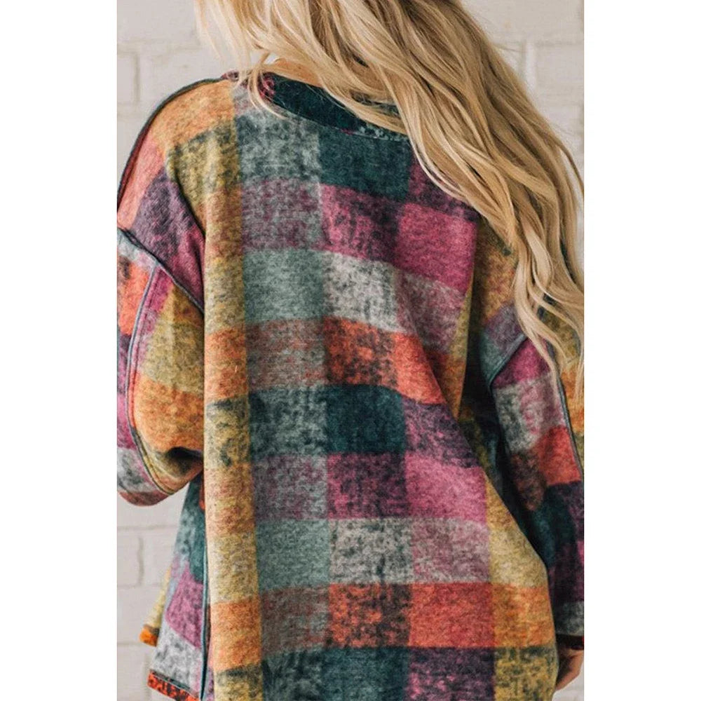 Plus Size 2025 Women's Coat Casual Multicolor Plaid Single Breasted Patchwork Autumn Coat