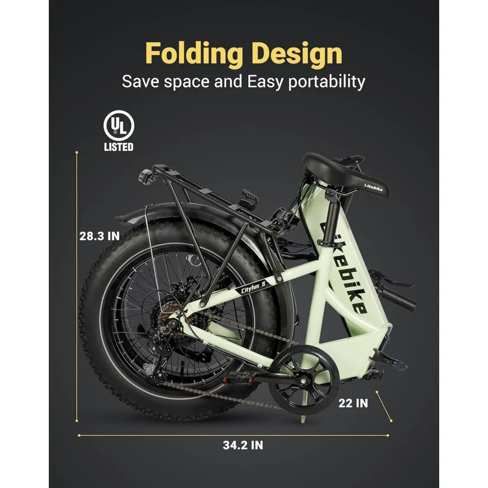 Electric Bike for Adults,20MPH Folding Ebike,48V 10.4AH Removable Lithium Battery, 20'' Fat Tire Electric Bicycles Commuter