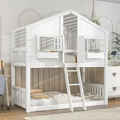 Bunk Bed, Wood Frame with Roof, Window, Window Box, Door, Safety Guardrails and Ladder, for Girls Boys ,Over Twin Kids Bunk Beds