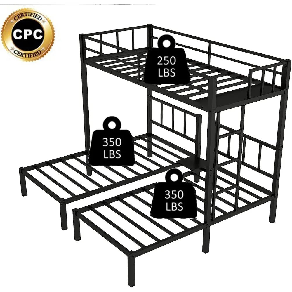Black Metal Triple Bunk Beds Frame, Twin Over Twin & Twin Bunk Bed with Guardrails, Can Be Separated into 3 Beds for Kids