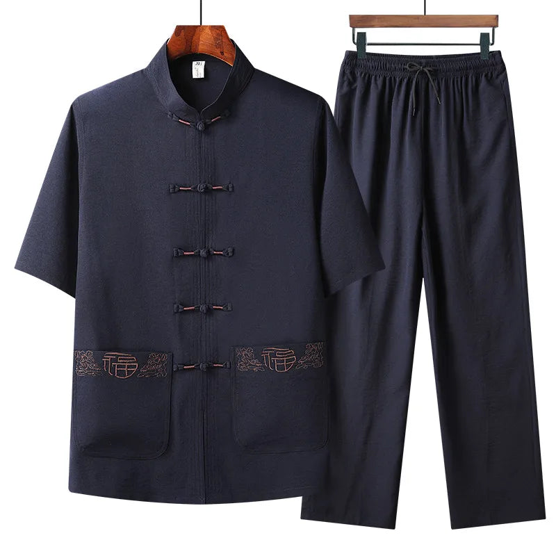 Chinese style Shirts + Pants summer 100% Cotton linen Sportswear Men's Casual Sets spring Male Fashion Chinese style trousers