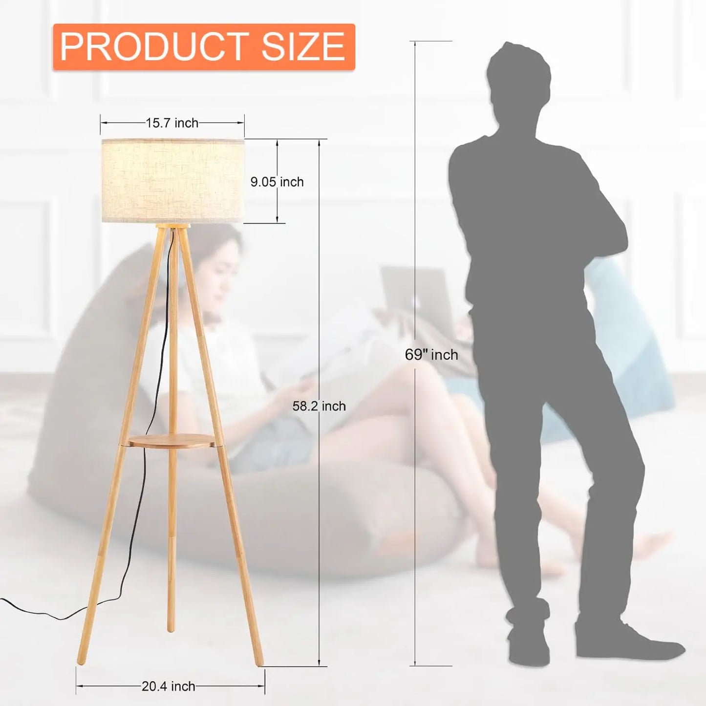 Wooden tripod floor lamp with shelf, wooden living room floor lamp, including trichromatic light bulb, natural wood color.