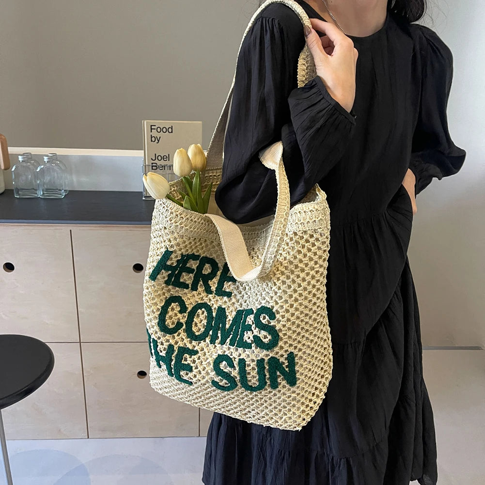 Fashion Hollow Out Straw Weaving Handbag Hand-Woven Beach Shoulder Bag Summer Large Capacity Tote Bag Women Crochet Underarm Bag
