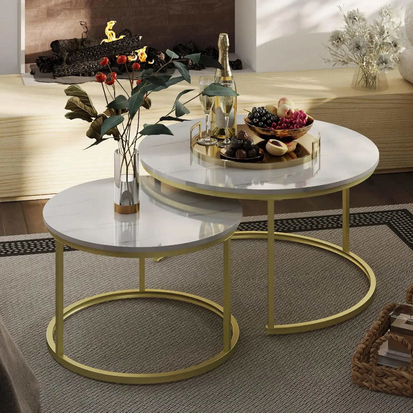 Nesting Tables Set of 2, 31.5" Round Coffee Table, Small Nesting Coffee Table with Adjustable Non-Slip Fee, Black Marble Top
