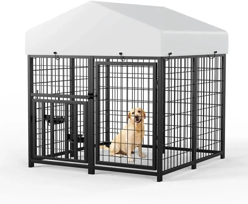 Dog Kennel Outdoor Pet Pens Dogs Run Enclosure Animal Hutch Metal Coop Fence with Roof Cover, Dogs Playpen