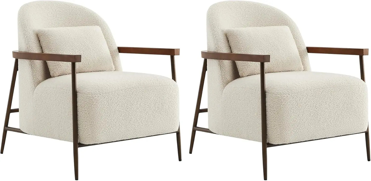 Accent Chair for Living Room Set of 2,Modern Upholstered Faux Sherpa Fabric Armchair with Metal Frame and Wooden Armrests, Camel