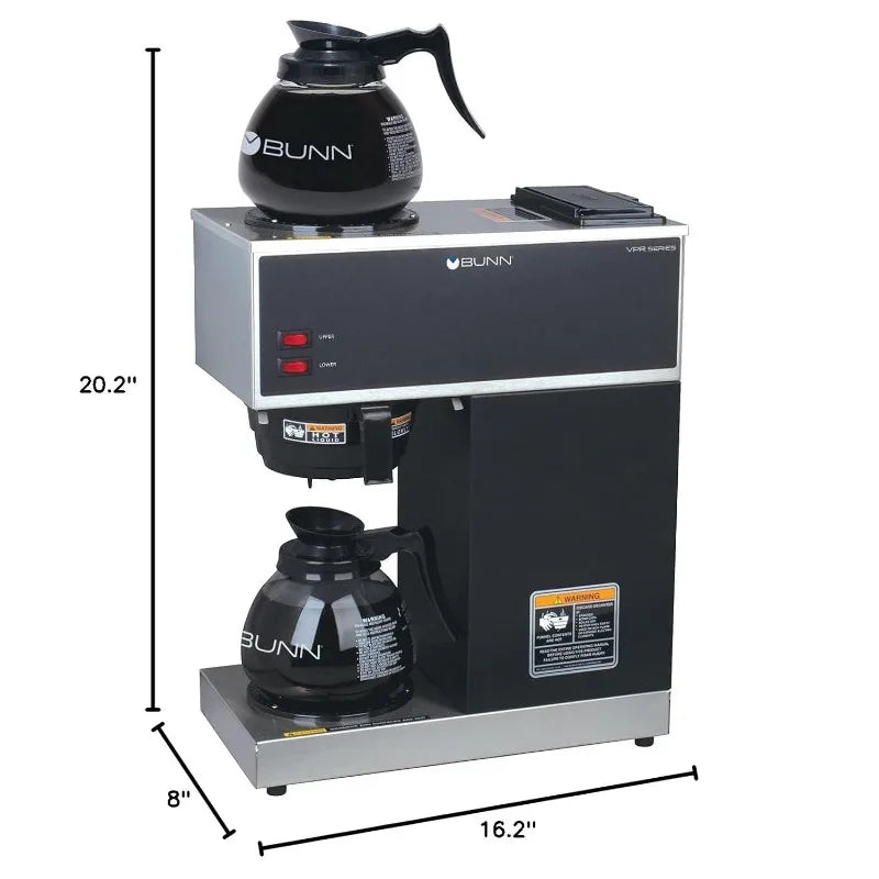 12-Cup Pourover Commercial Coffee Brewer with Upper and Lower Warmers and Two Glass Decanters, Black, Stainless, Standard
