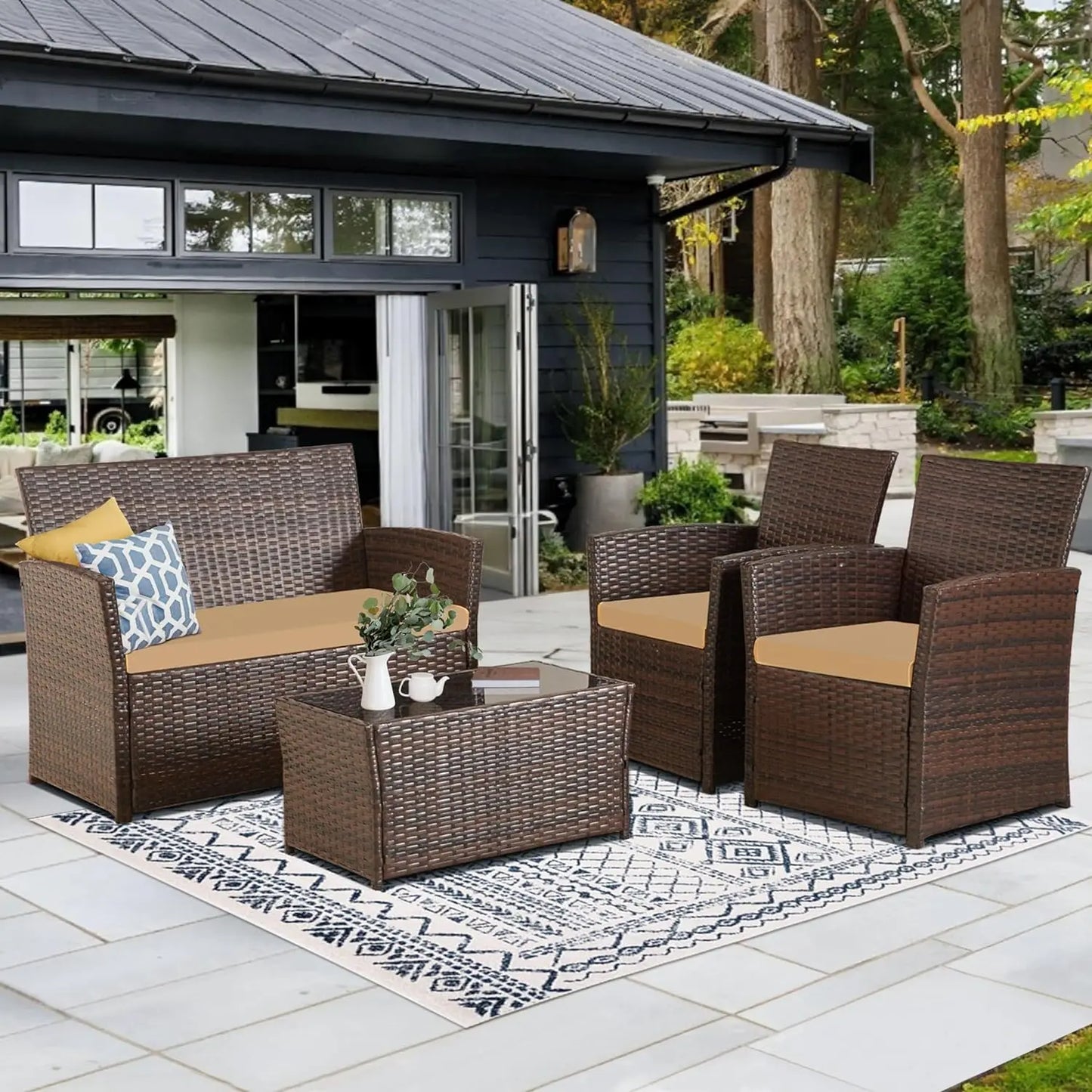 Piece Patio Furniture Set 4,Outdoor Wicker Conversation Sets,Rattan Sectional Sofa w/Coffee Table,Seat Cushions for Backyard