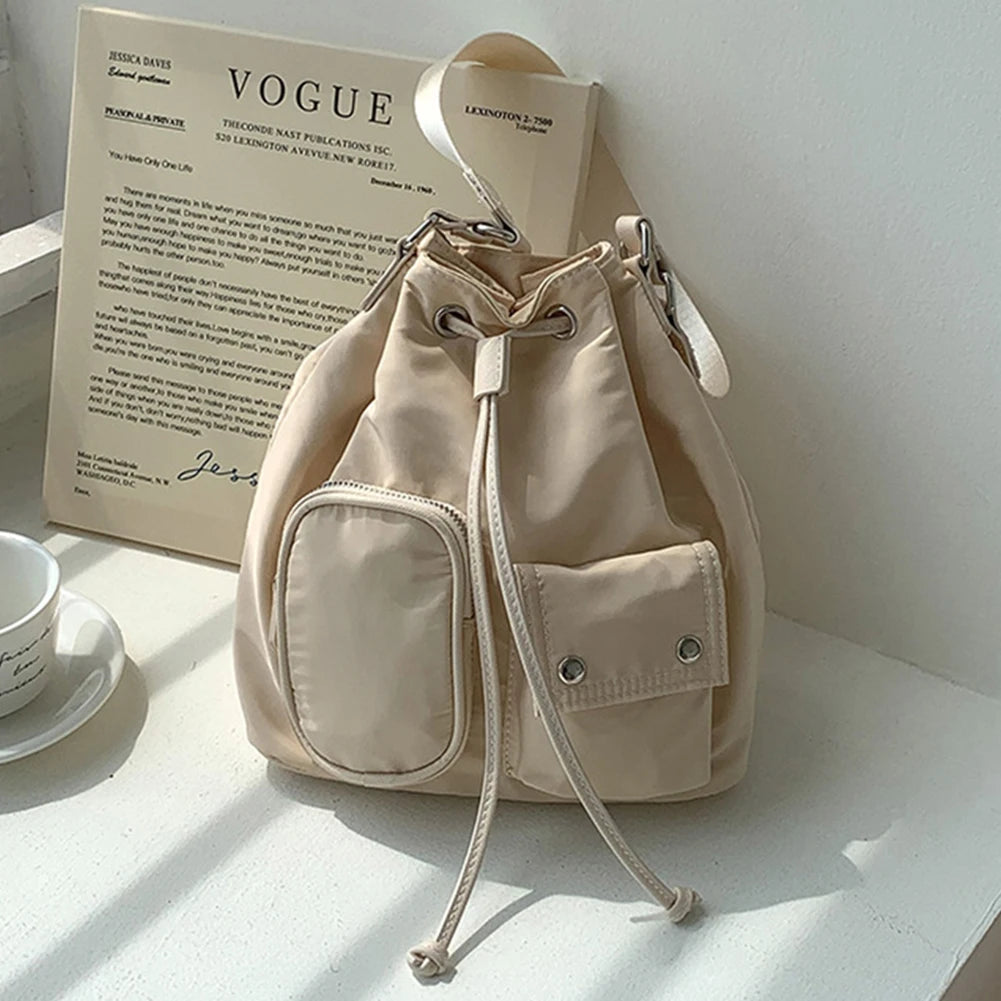 Women Crossbody Bag Drawstring Nylon Ladies Bucket Bag Fashion Temperament Large Capacity Wear-resistant Travel Shoulder Bags