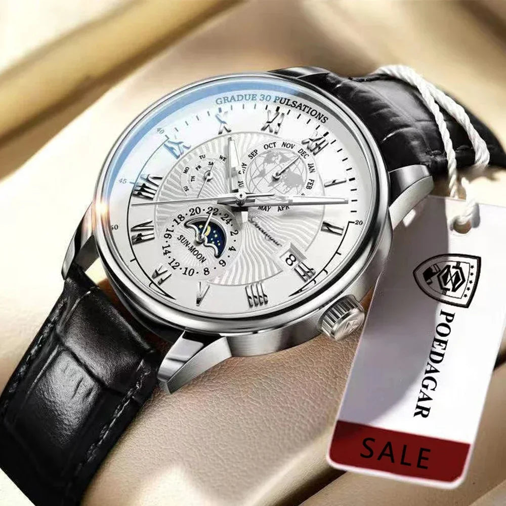 Luxury Man Watch Waterproof Chronograph Moon Phase Pattern Luminous Men's Wristwatch Leather Men Quartz Watches Casual Clock