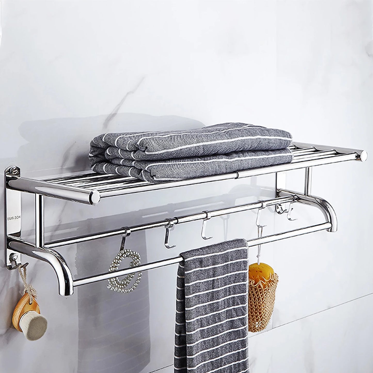 2-Tier Towel Rack Bathroom Hotel Rail Holder Stainless Steel Wall Mounted Storage Shelf Organizer Home Stainless Steel
