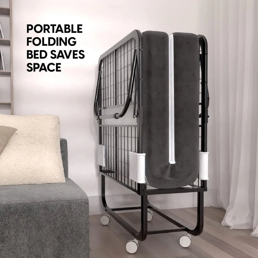 EconoHome Folding Bed with Mattress - 75x31 Cot Size Bed Frame - Portable Foldable Roll Away Adult Bed for Guest - 5-inch Thick