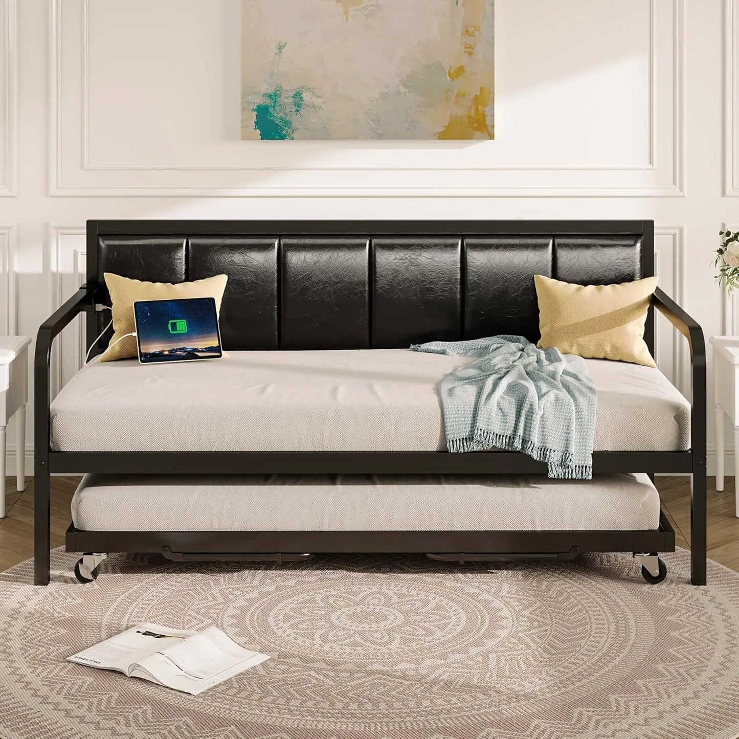 Daybed with USB Charging Station & LED, Height Adjustable Twin Daybed with Trundle,Upholstered Bed Frame with Steel Slat Support