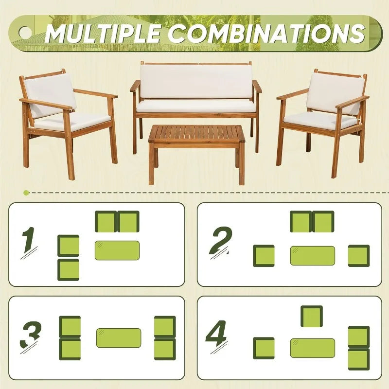 Patio Furniture 4-piece outdoor acacia wood patio conversation sofa set with table and cushion